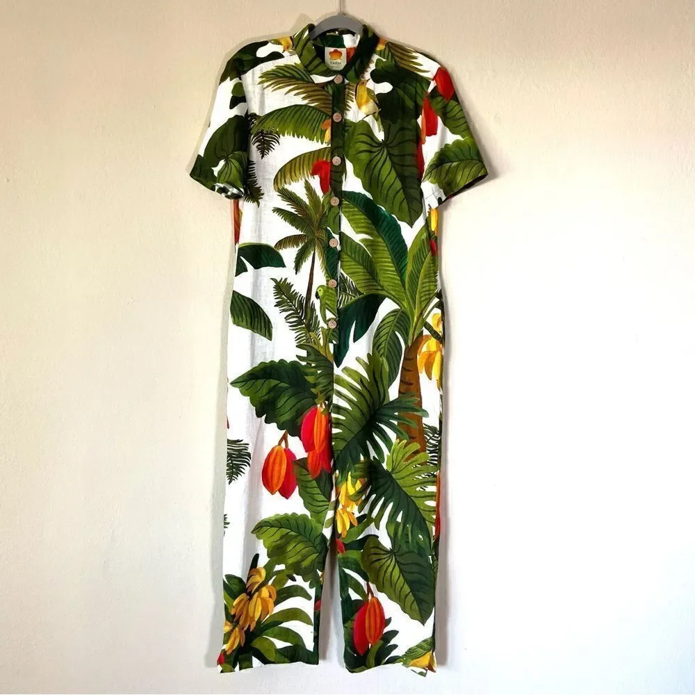 Farm Rio White Cocoa Forest Green Jumpsuit Short Sleeves Size XS